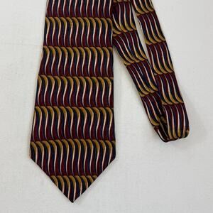 Oscar de la Renta 100% Silk Designer Tie Burgundy & Gold Wave Pattern